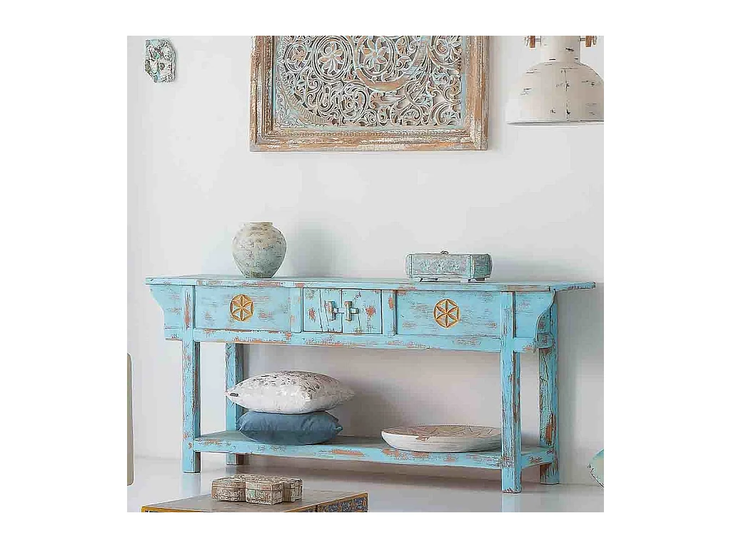 Hall en bois finition bleue vieillie artisanale 181x45x80