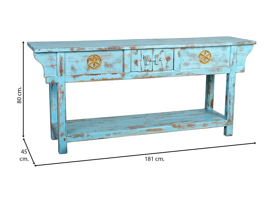 Holzhalle mit handgefertigter, gealterter blauer Oberfläche, 181x45x80