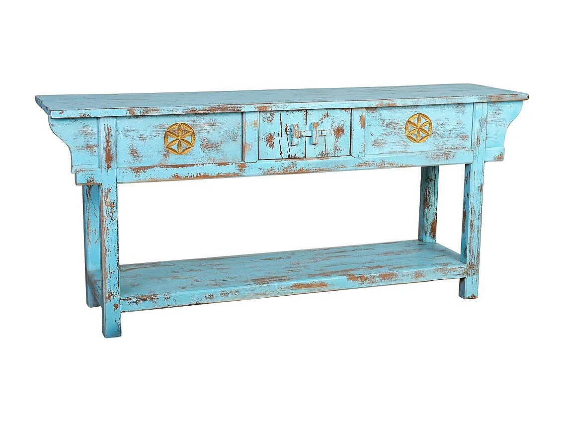 Recibidor de madera acabado artesanal envejecido azul 181x45x80