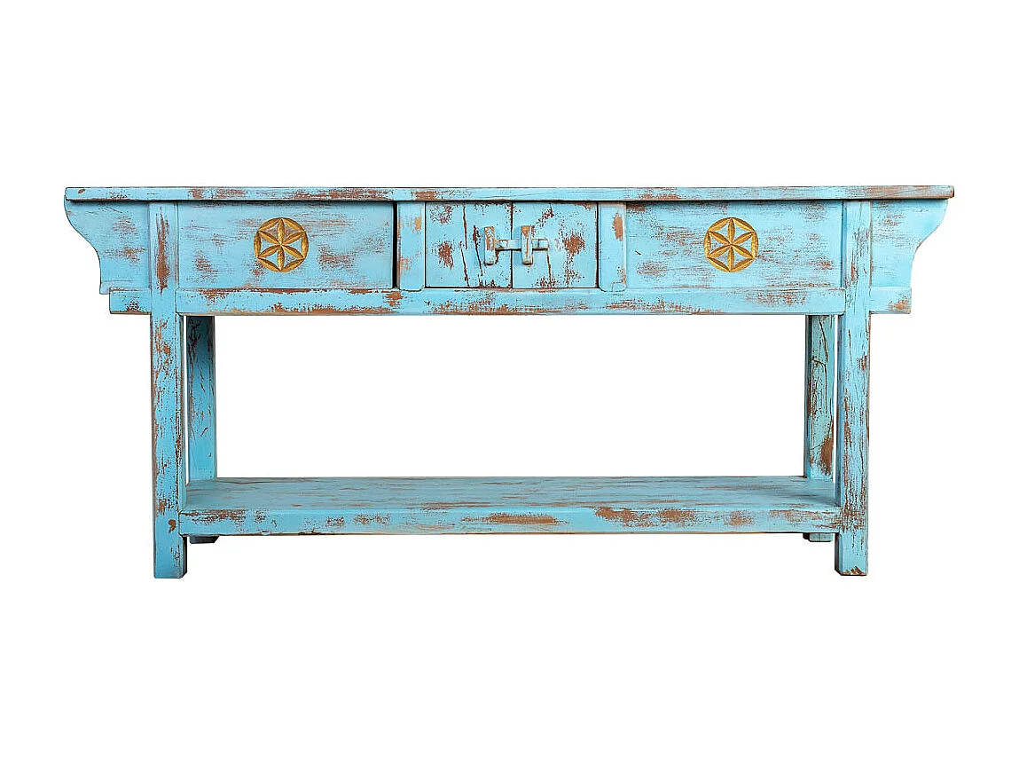 Recibidor de madera acabado artesanal envejecido azul 181x45x80