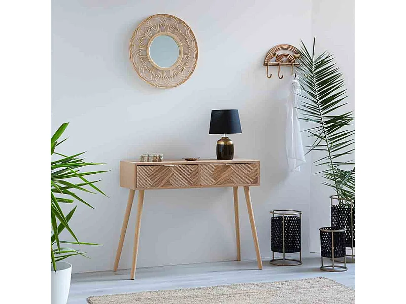 Holzdiele mit 2 braunen Schubladen 99x34x78