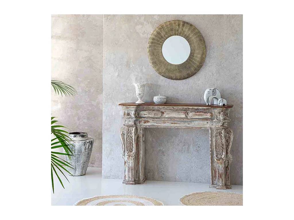 Mobile da ingresso in legno intagliato con finitura bianco invecchiato lavorato a mano 149x33x98