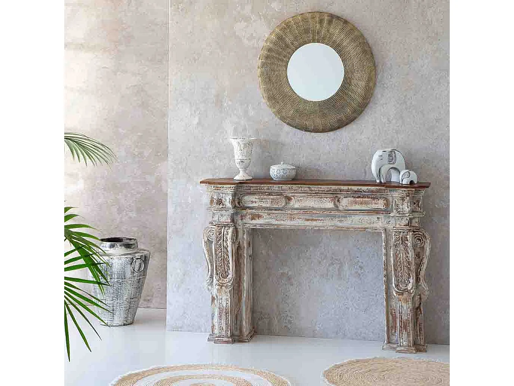 Mobile da ingresso in legno intagliato con finitura bianco invecchiato lavorato a mano 149x33x98