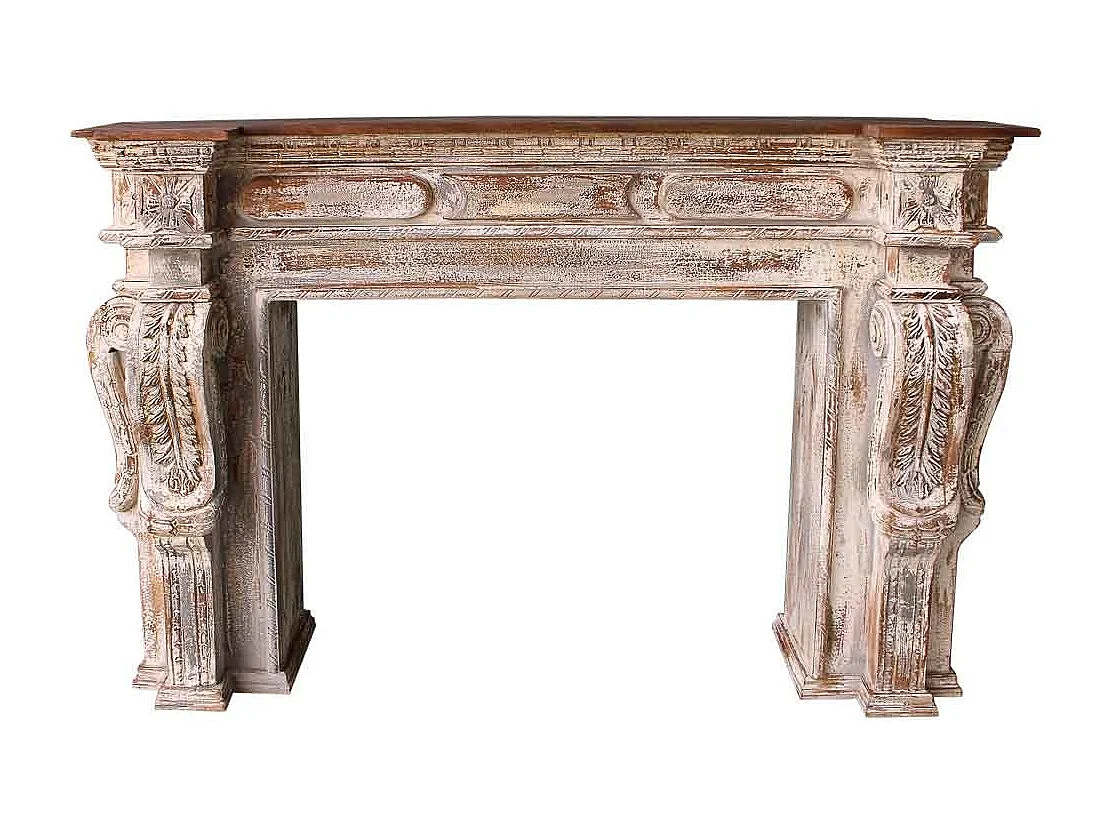 Mobile da ingresso in legno intagliato con finitura bianco invecchiato lavorato a mano 149x33x98