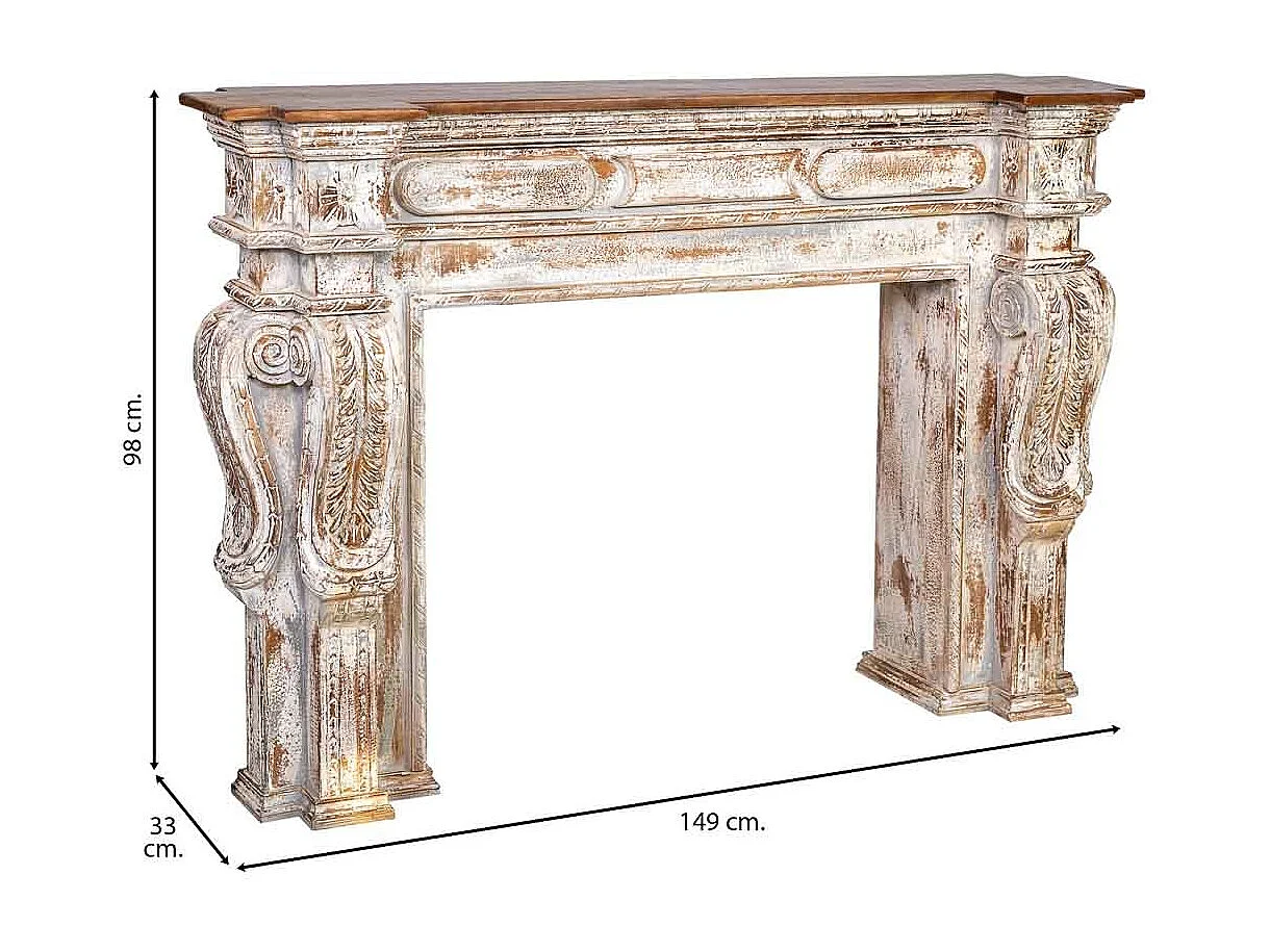 Mobile da ingresso in legno intagliato con finitura bianco invecchiato lavorato a mano 149x33x98