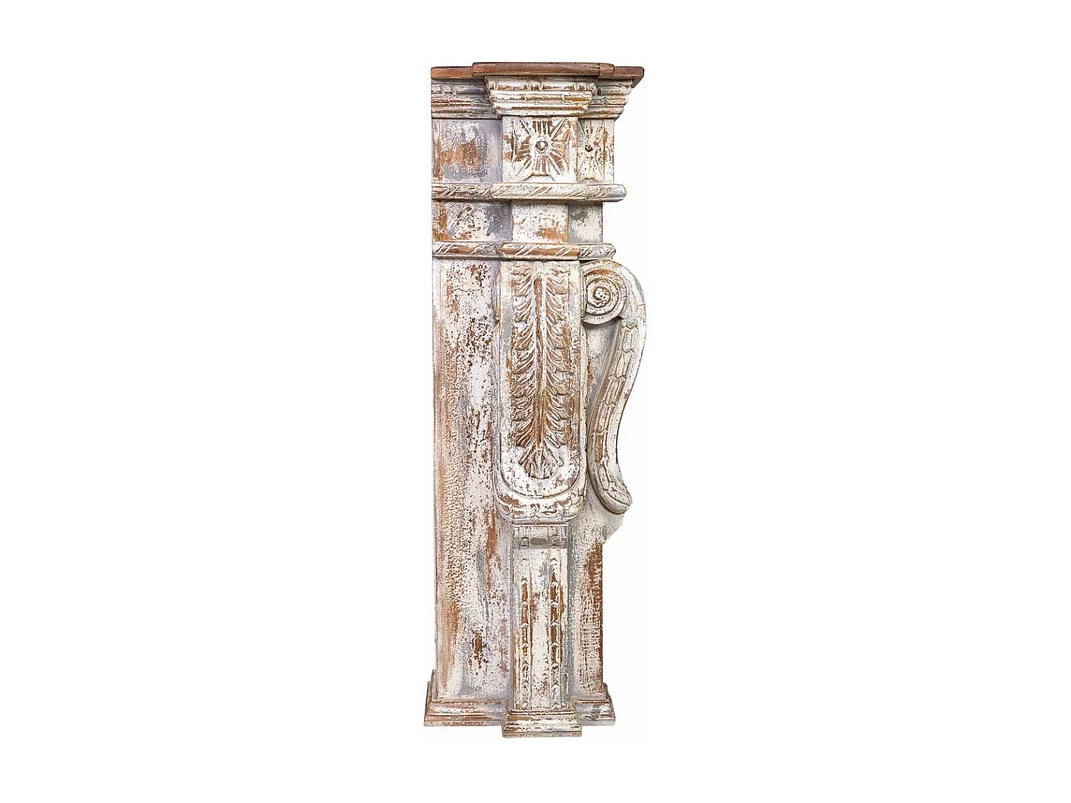 Mobile da ingresso in legno intagliato con finitura bianco invecchiato lavorato a mano 149x33x98