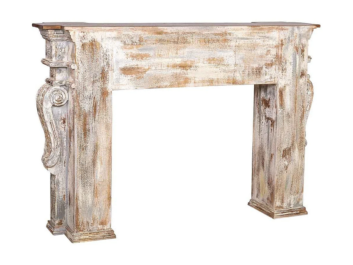 Mobile da ingresso in legno intagliato con finitura bianco invecchiato lavorato a mano 149x33x98