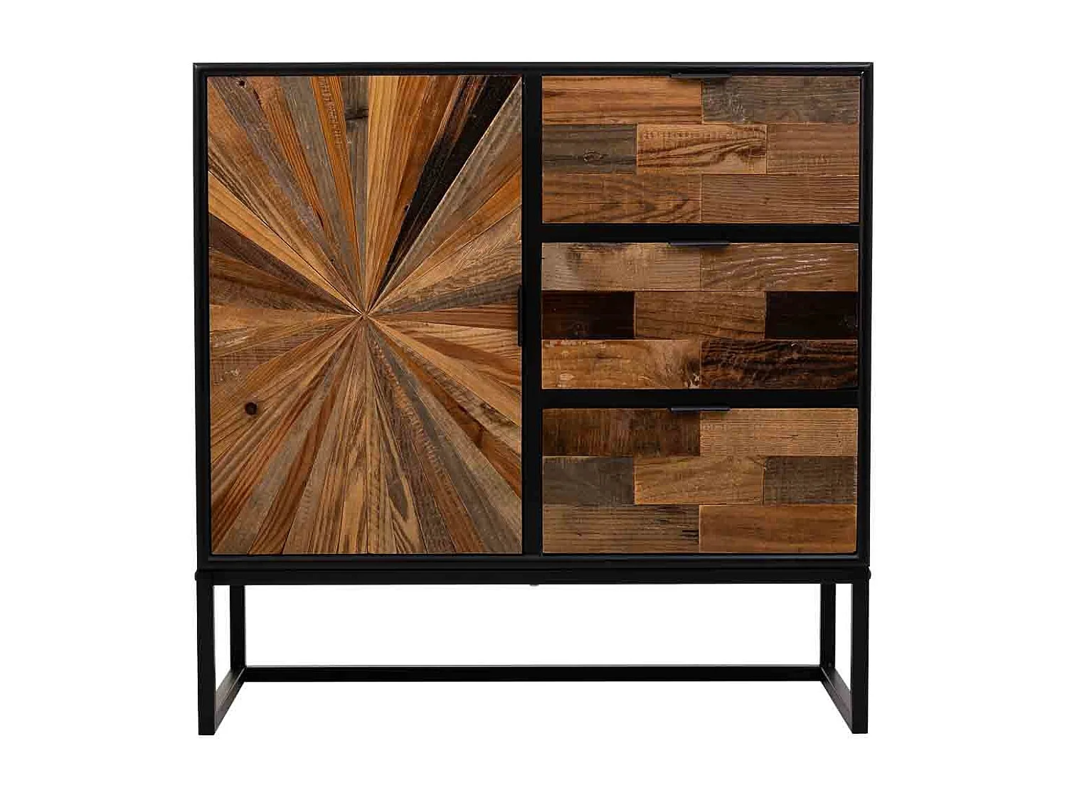 Flur aus Holz und Metall mit 1 Tür und 3 braunen Schubladen 80x34x80