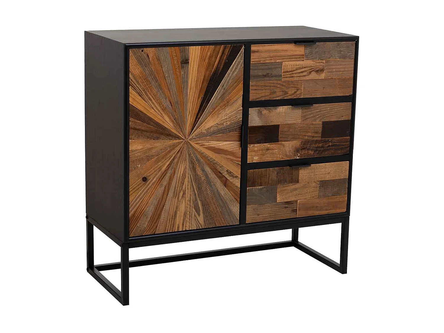 Flur aus Holz und Metall mit 1 Tür und 3 braunen Schubladen 80x34x80