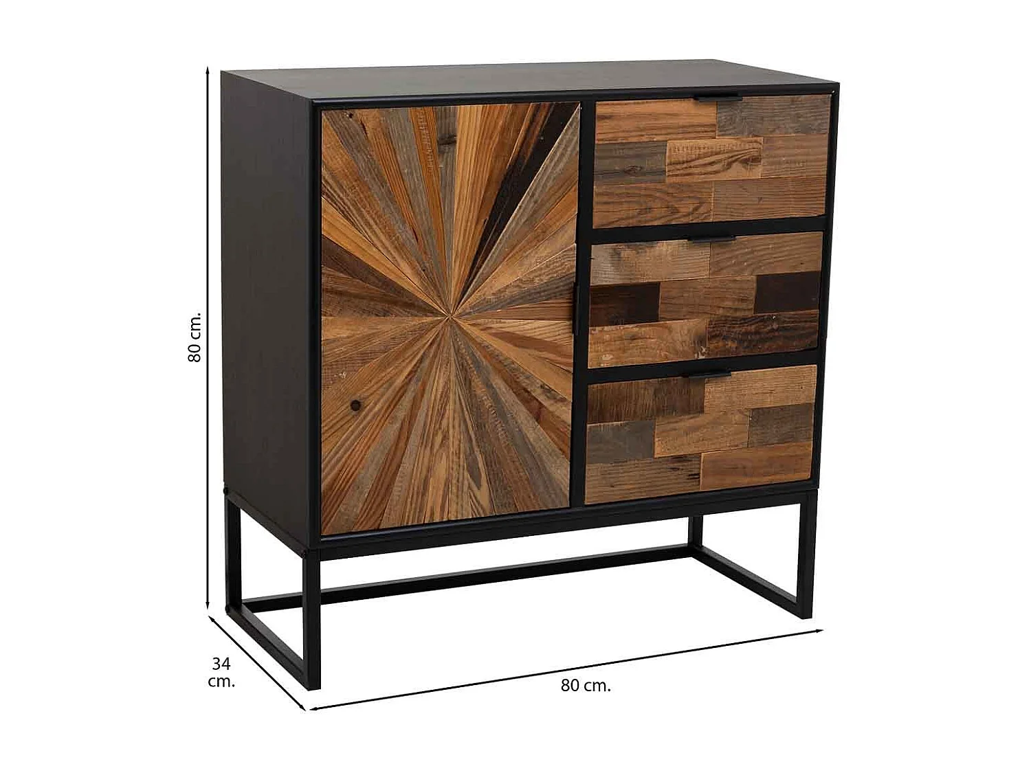 Flur aus Holz und Metall mit 1 Tür und 3 braunen Schubladen 80x34x80