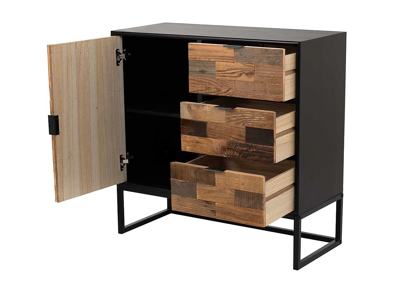 Flur aus Holz und Metall mit 1 Tür und 3 braunen Schubladen 80x34x80