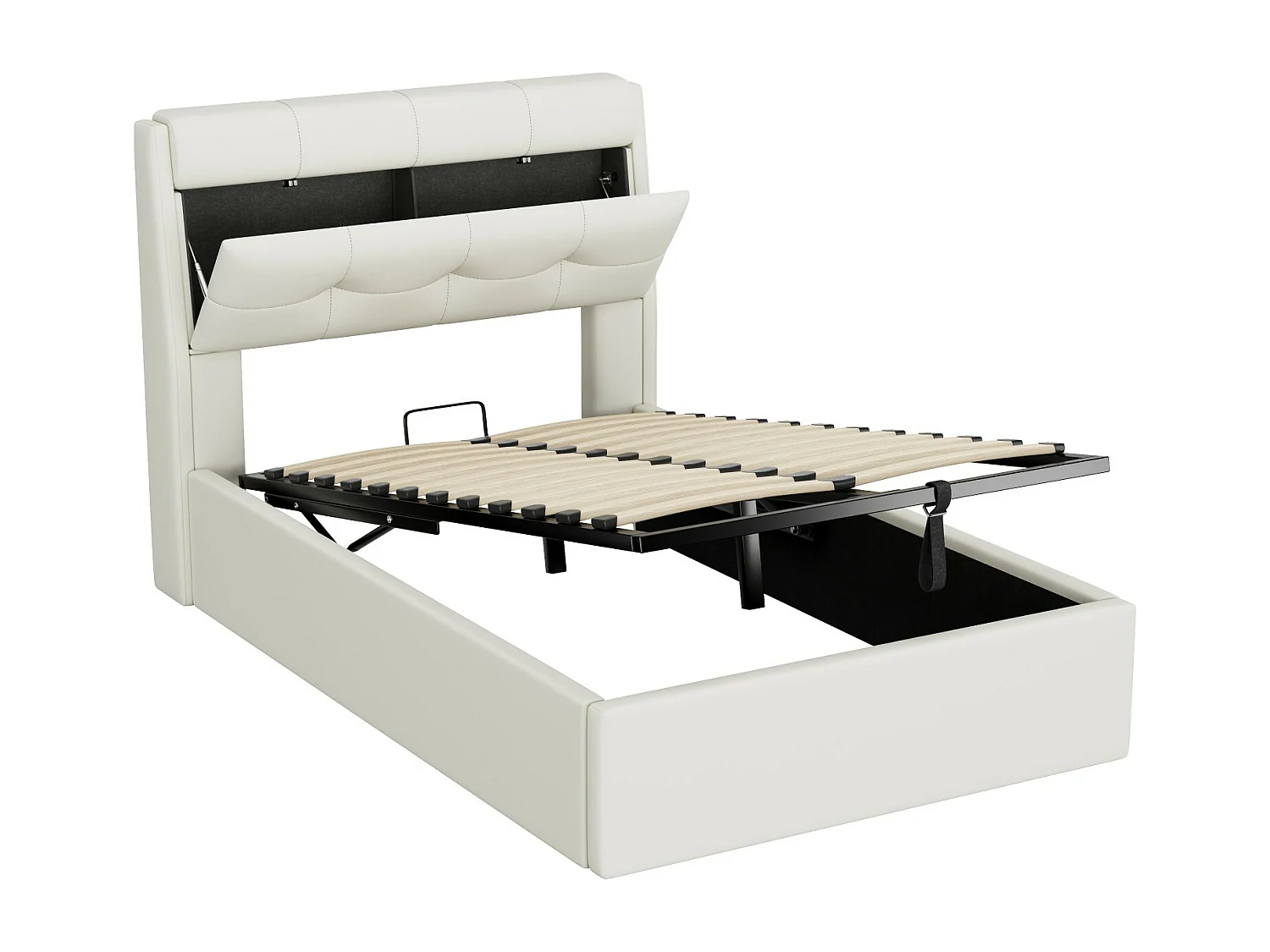 Lit coffre 90x200 cm - en similicuir - tête de lit avec rangement - Blanc