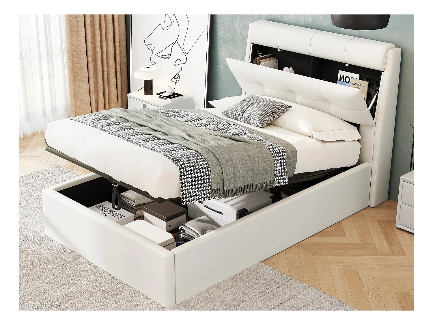 Cama con canapé 90x200 cm - en polipiel - cabecero con canapé - Blanco
