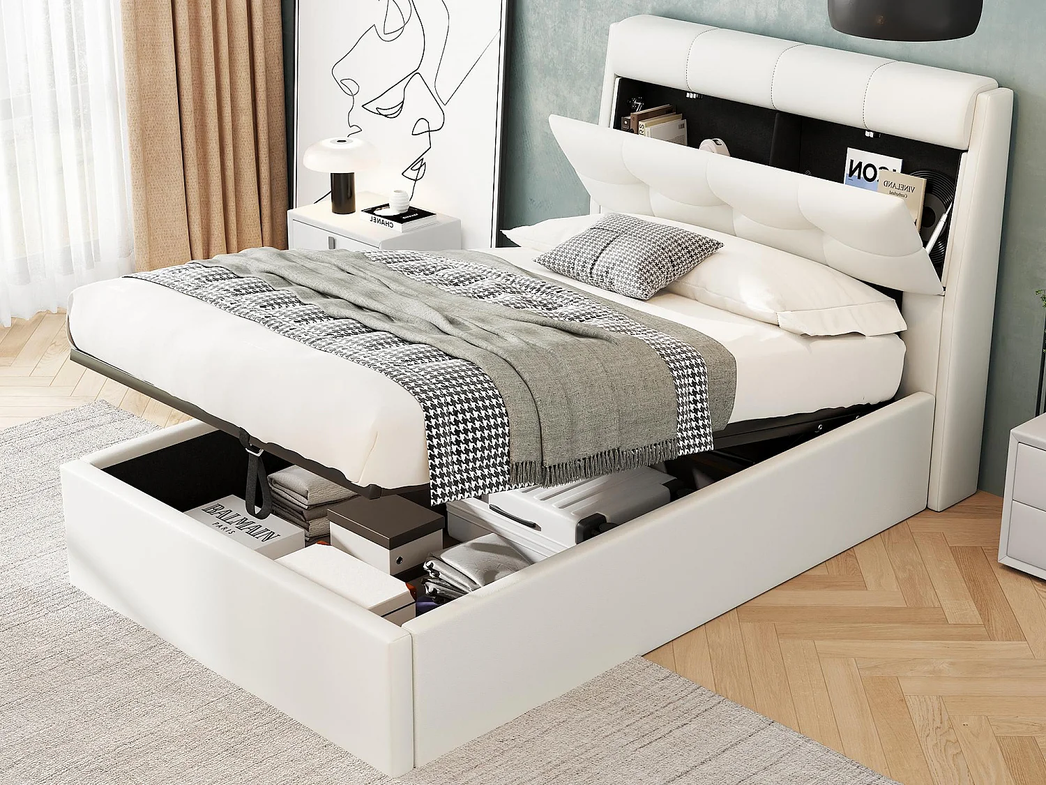 Lit coffre 90x200 cm - en similicuir - tête de lit avec rangement - Blanc