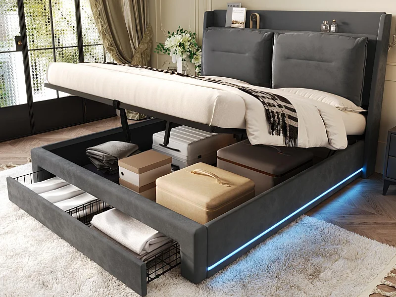 Samtgepolstertes Bett mit Stauraum – 180 x 200 cm – 2 Schubladen am Fußende des Bettes – LED-Lichtleiste am Fußende des Bettes eingelassen – Grau (ohne Matratze)
