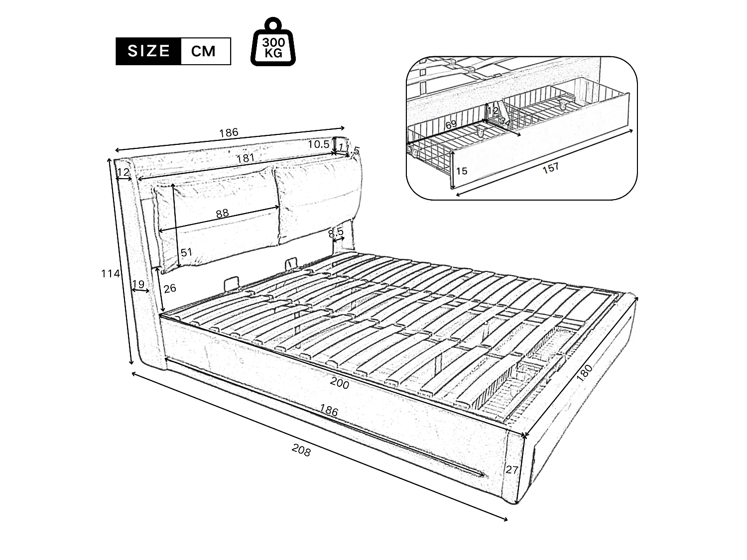 Cama con canapé tapizada en terciopelo - 180x200 cm - 2 cajones a los pies de la cama - Tira de luces LED empotrada a los pies de la cama - Gris (sin colchón)