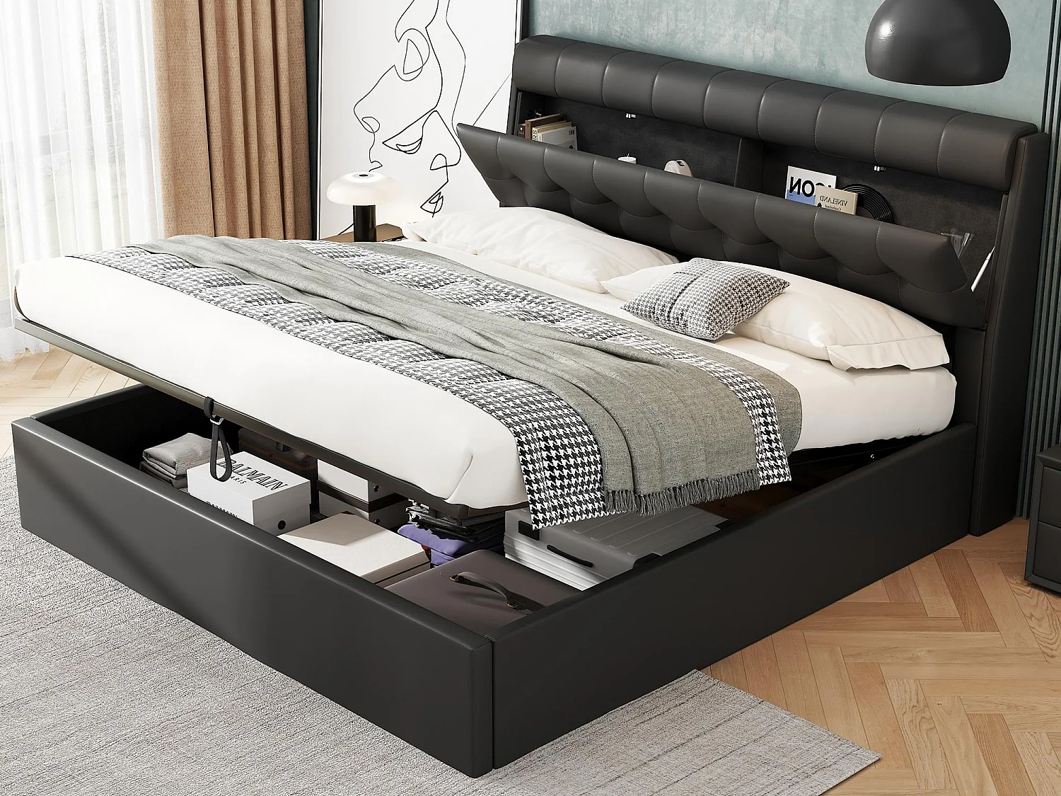 Cama con canapé 180x200 cm - en polipiel - cabecero con canapé - Negro