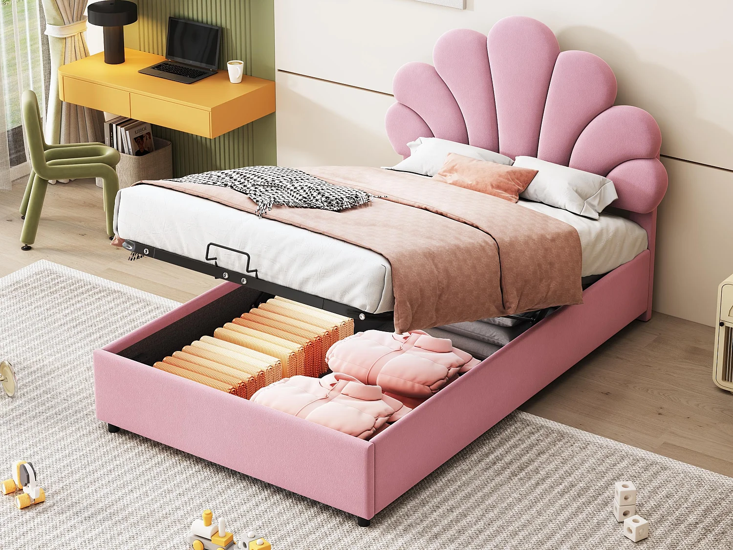 Lit coffre rembourré en velours - 90x200cm - tête de lit en forme de fleur - avec sommier à lattes - Rose