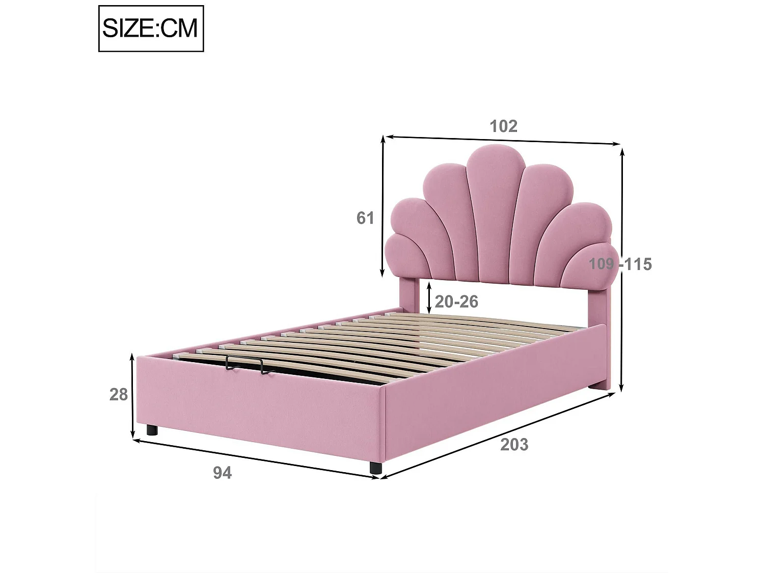 Lit coffre rembourré en velours - 90x200cm - tête de lit en forme de fleur - avec sommier à lattes - Rose