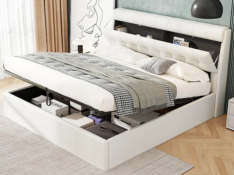 Cama con canapé 180x200 cm - en polipiel - cabecero con canapé - Blanco