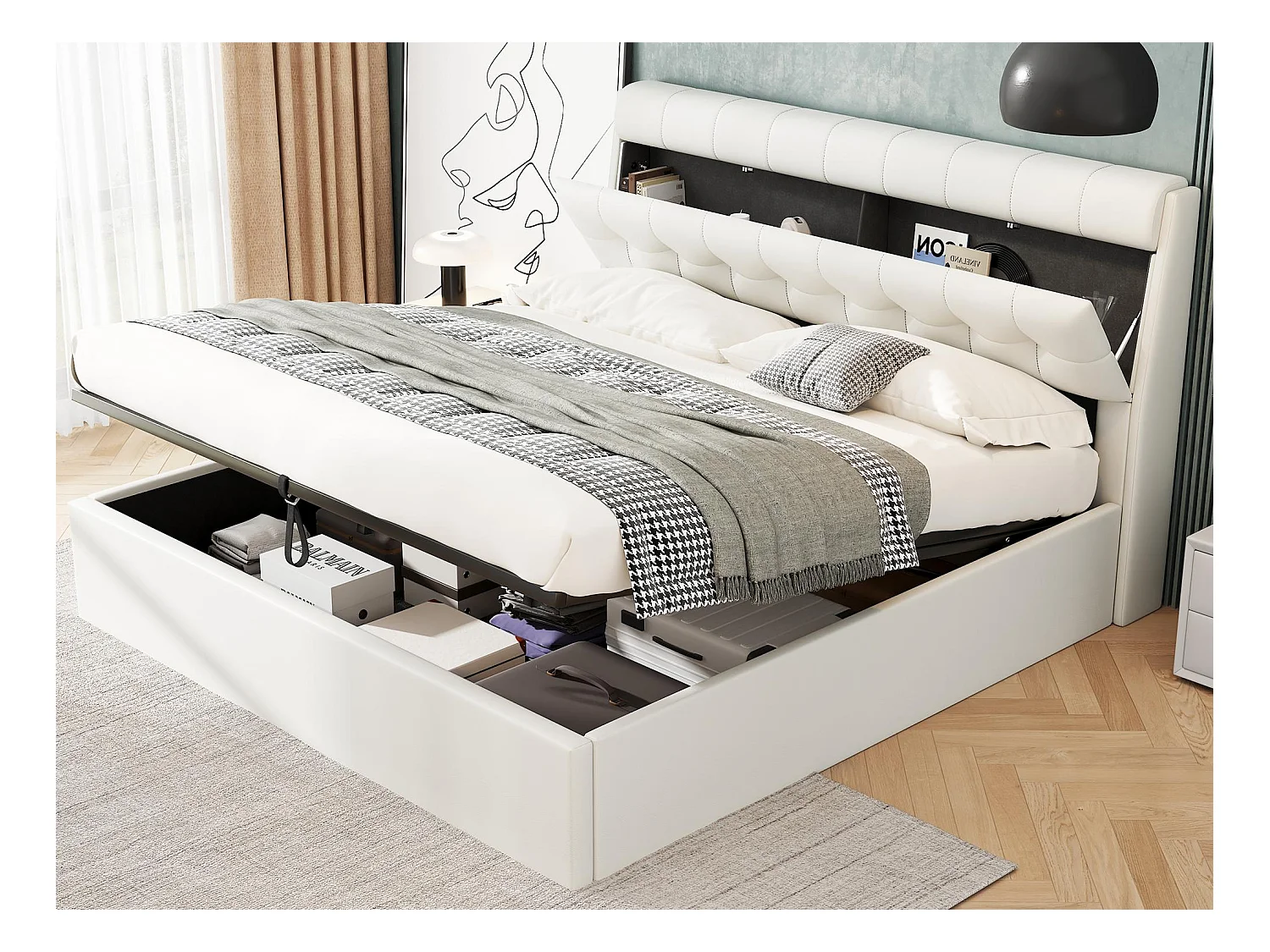 Letto contenitore 180x200 cm - in similpelle - testiera con contenitore - Bianco