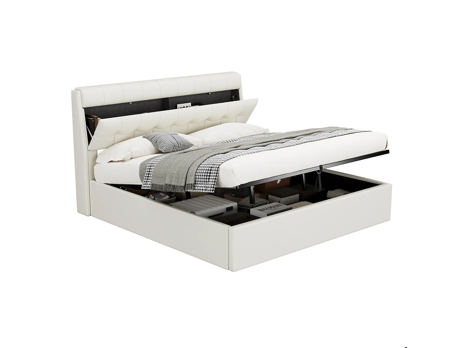 Opbergbed 180x200 cm - in imitatieleer - hoofdbord met opbergruimte - Wit