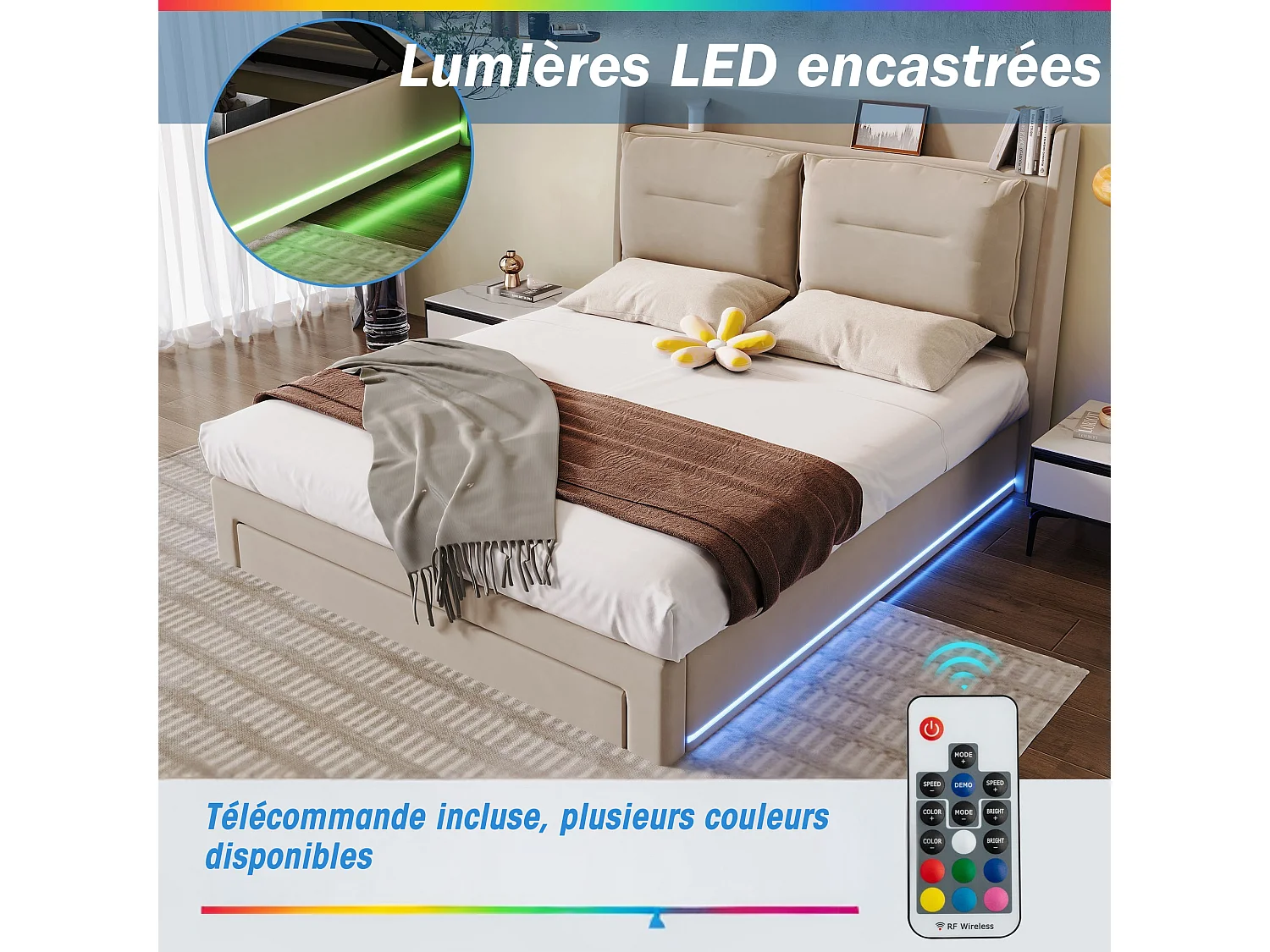 Letto contenitore imbottito in velluto - 140x190 cm - 2 cassetti ai piedi del letto - Striscia luminosa a LED incassata ai piedi del letto - Beige (senza materasso)