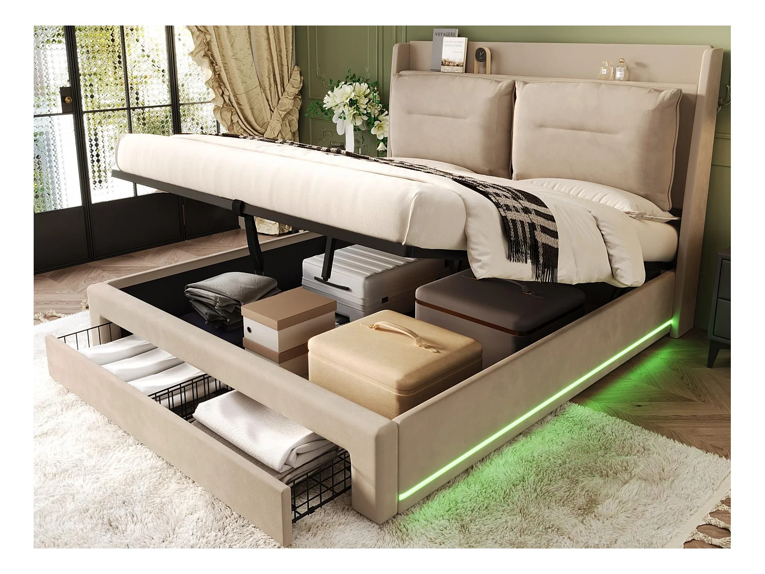 Lit coffre rembourré en velours - 140x190 cm - 2 tiroirs en bout de lit - bande lumineuse LED encastrée au pieds du lit - Beige (sans matelas)