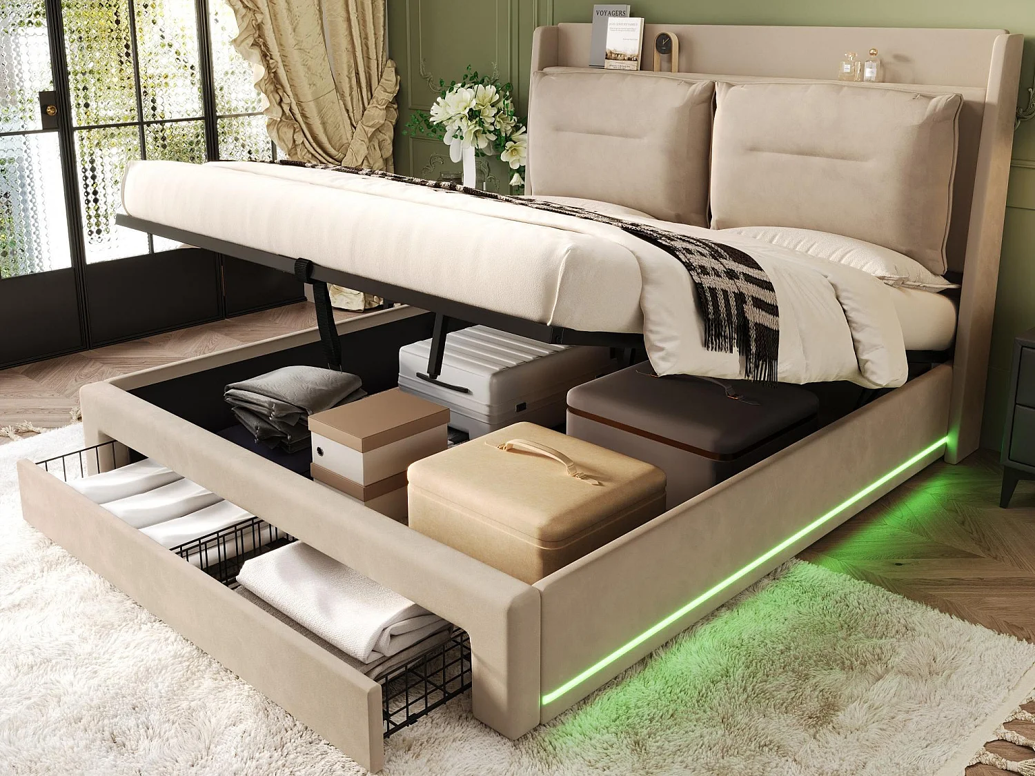 Letto contenitore imbottito in velluto - 140x190 cm - 2 cassetti ai piedi del letto - Striscia luminosa a LED incassata ai piedi del letto - Beige (senza materasso)