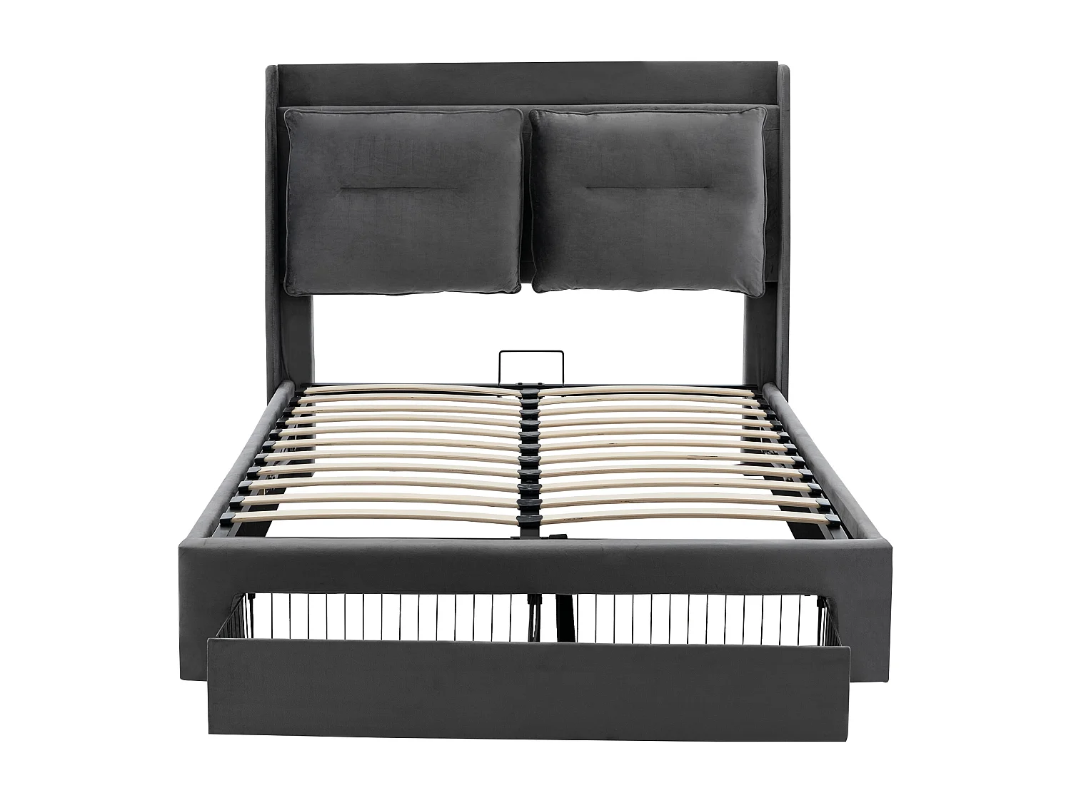 Lit coffre rembourré en velours - 140x190 cm - 2 tiroirs en bout de lit - bande lumineuse LED encastrée au pieds du lit - Gris (sans matelas)