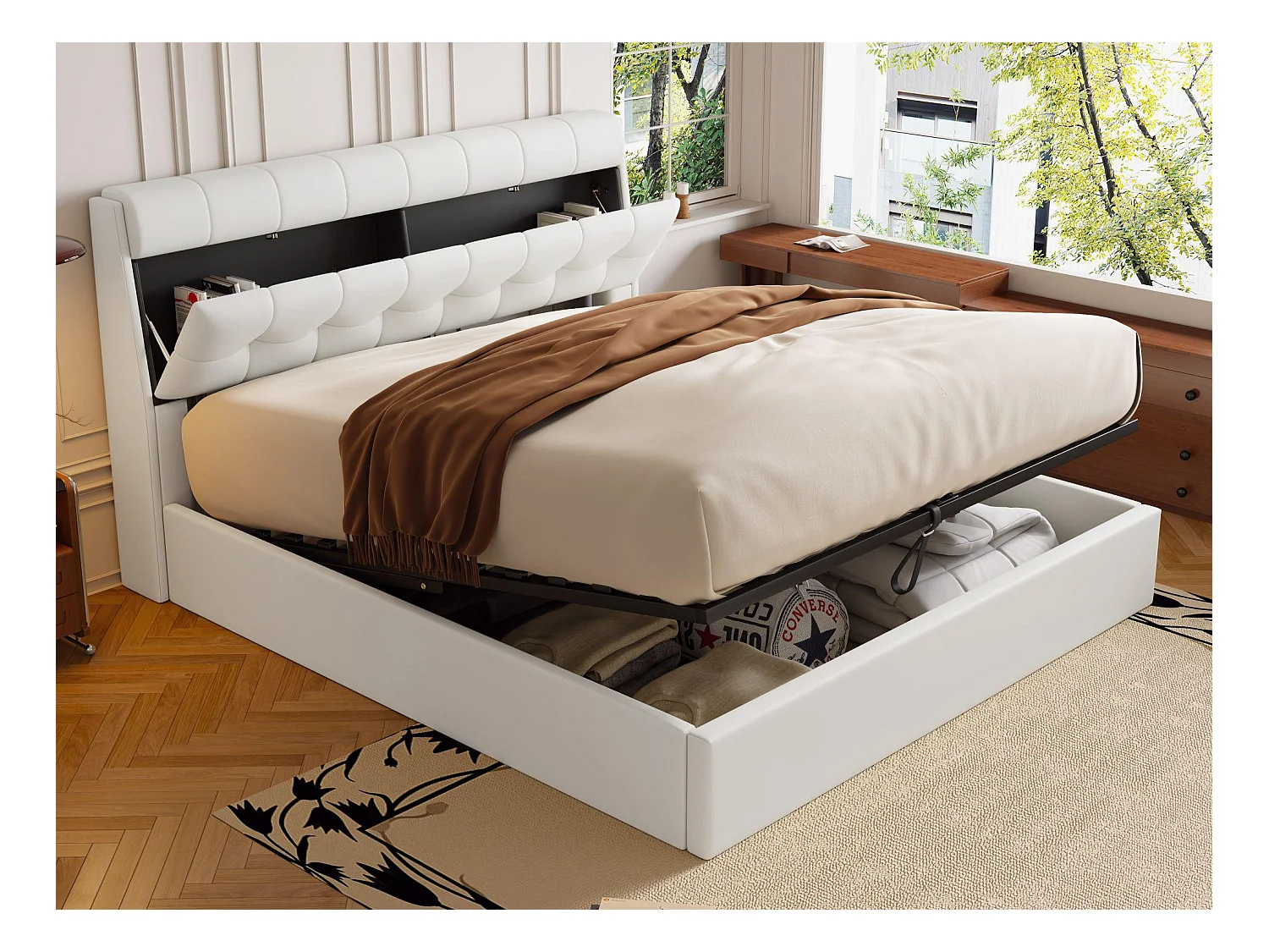 Lit coffre 140x190 cm - en similicuir - tête de lit avec rangement - Blanc