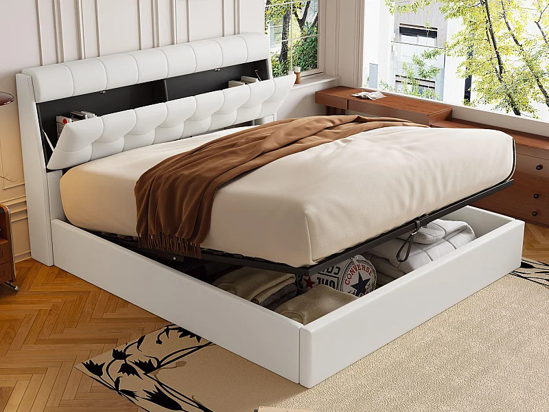 Lit coffre 140x190 cm - en similicuir - tête de lit avec rangement - Blanc