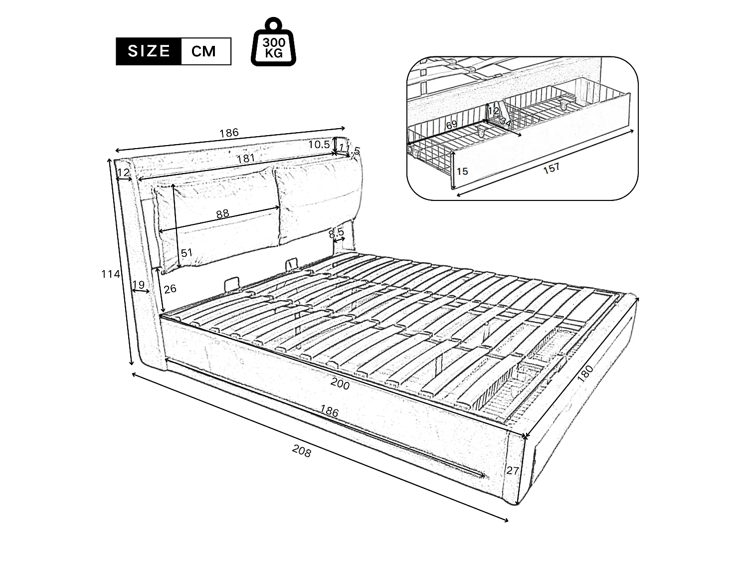 Samtgepolstertes Bett mit Stauraum – 180 x 200 cm – 2 Schubladen am Fußende des Bettes – LED-Lichtleiste am Fußende des Bettes eingelassen – Beige (ohne Matratze)