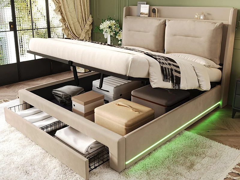 Lit coffre rembourré en velours - 180x200 cm - 2 tiroirs en bout de lit - bande lumineuse LED encastrée au pieds du lit - Beige (sans matelas)