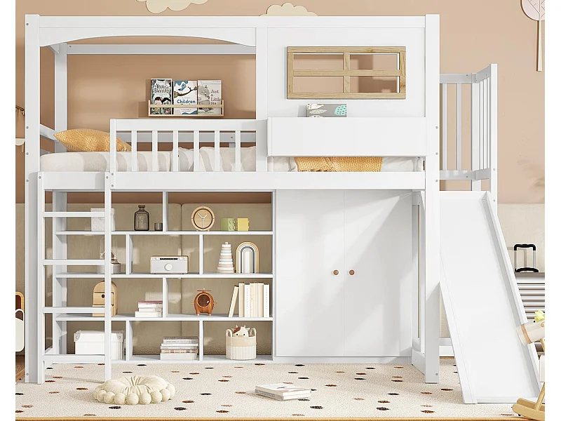 Letto a soppalco in legno e MDF - 90x200 cm - con ripiani, armadio e scivolo - Bianco