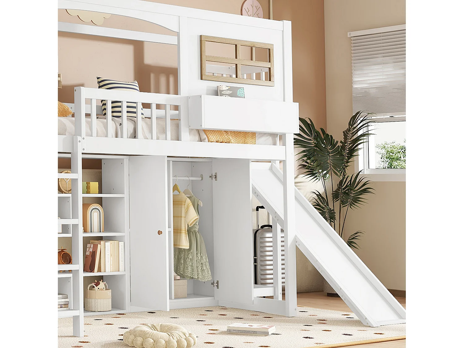 Hoogslaper van hout en MDF - 90x200 cm - met planken, kledingkast en lade - Wit