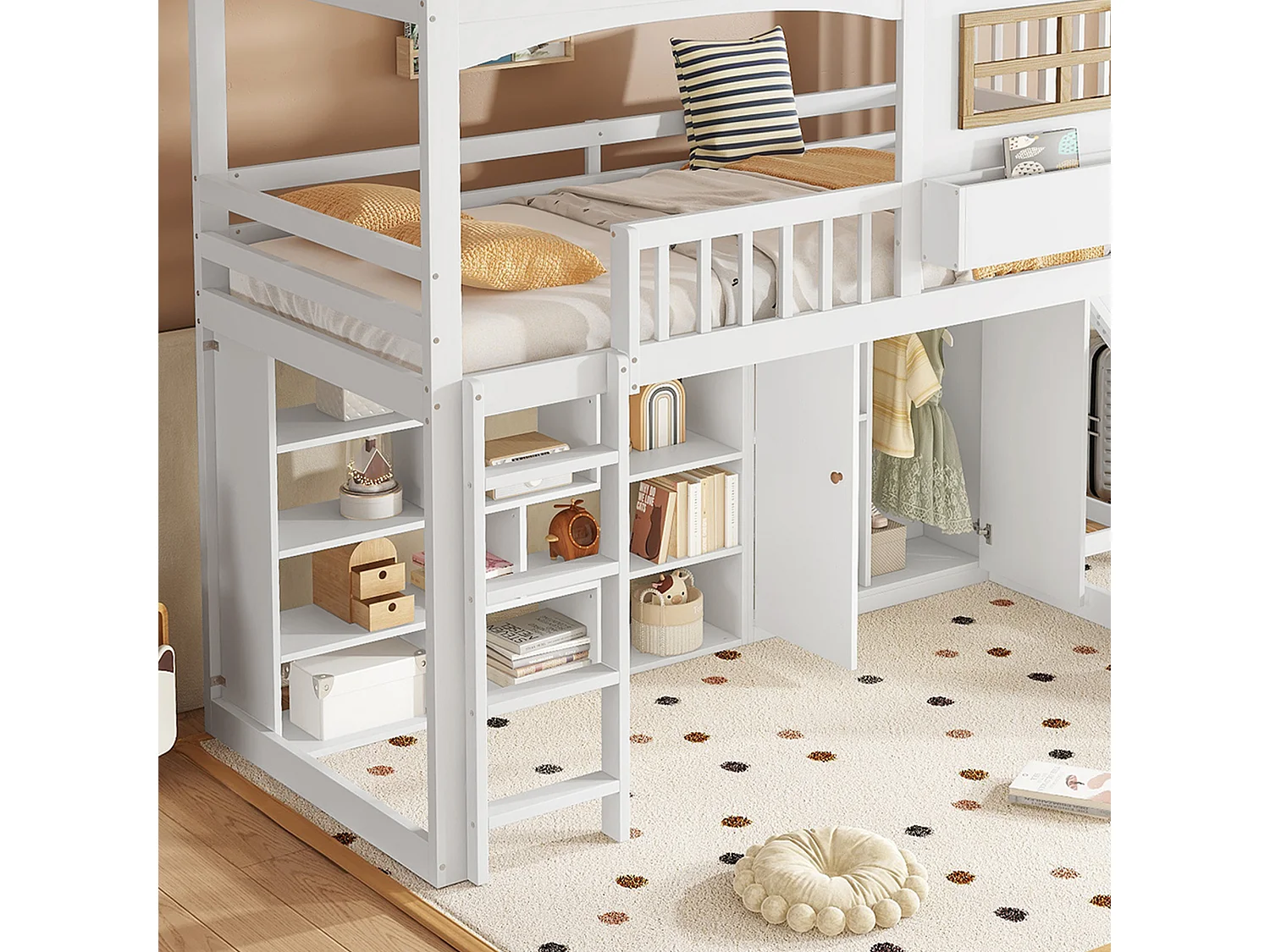 Hoogslaper van hout en MDF - 90x200 cm - met planken, kledingkast en lade - Wit