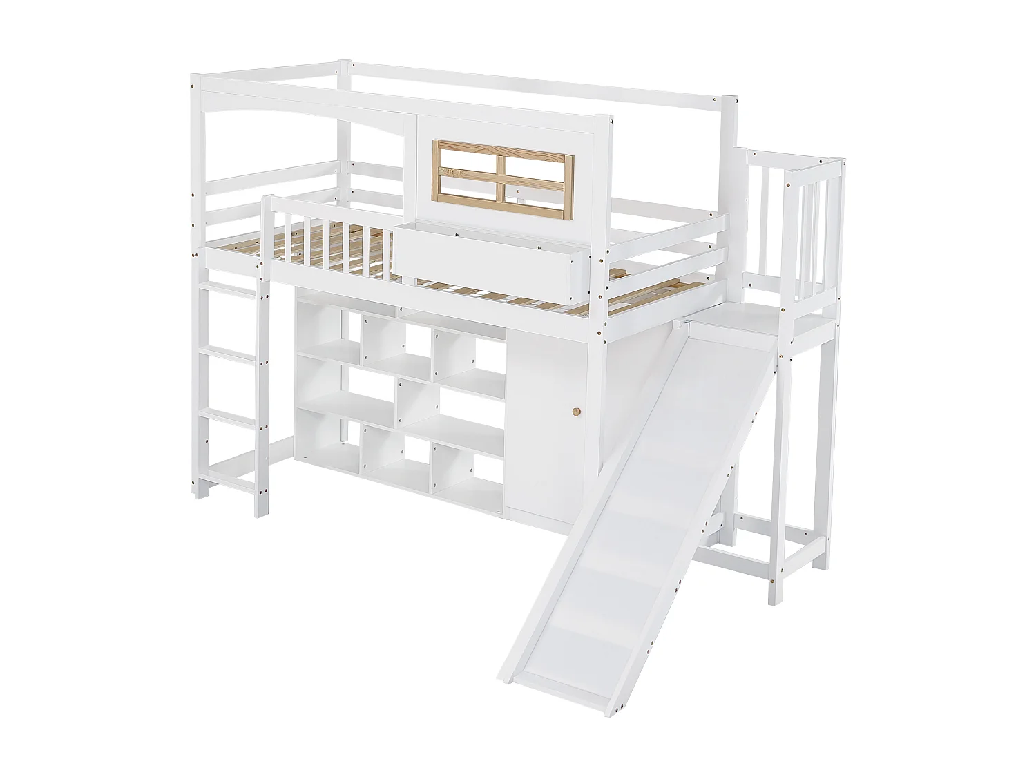 Hoogslaper van hout en MDF - 90x200 cm - met planken, kledingkast en lade - Wit