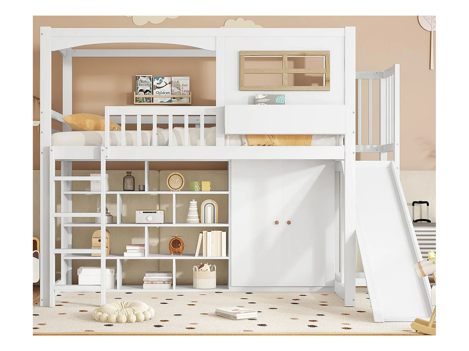 Lit mezzanine en bois et MDF - 90x200 cm - avec étagères、armoire et toboggan - Blanc