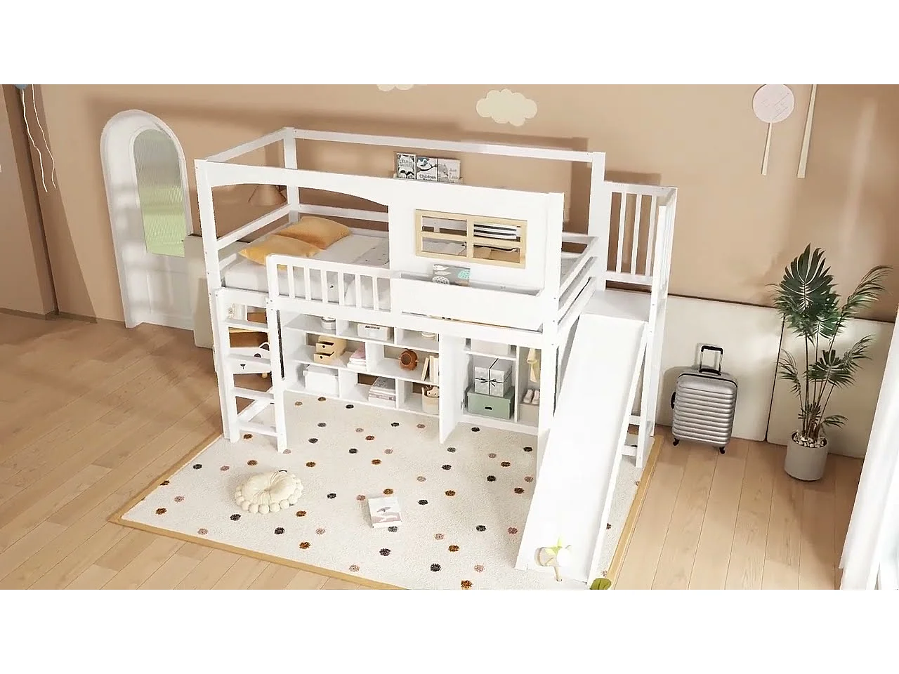 Hochbett aus Holz und MDF - 90x200 cm - mit Regalen, Kleiderschrank und Rutsche - Weiß