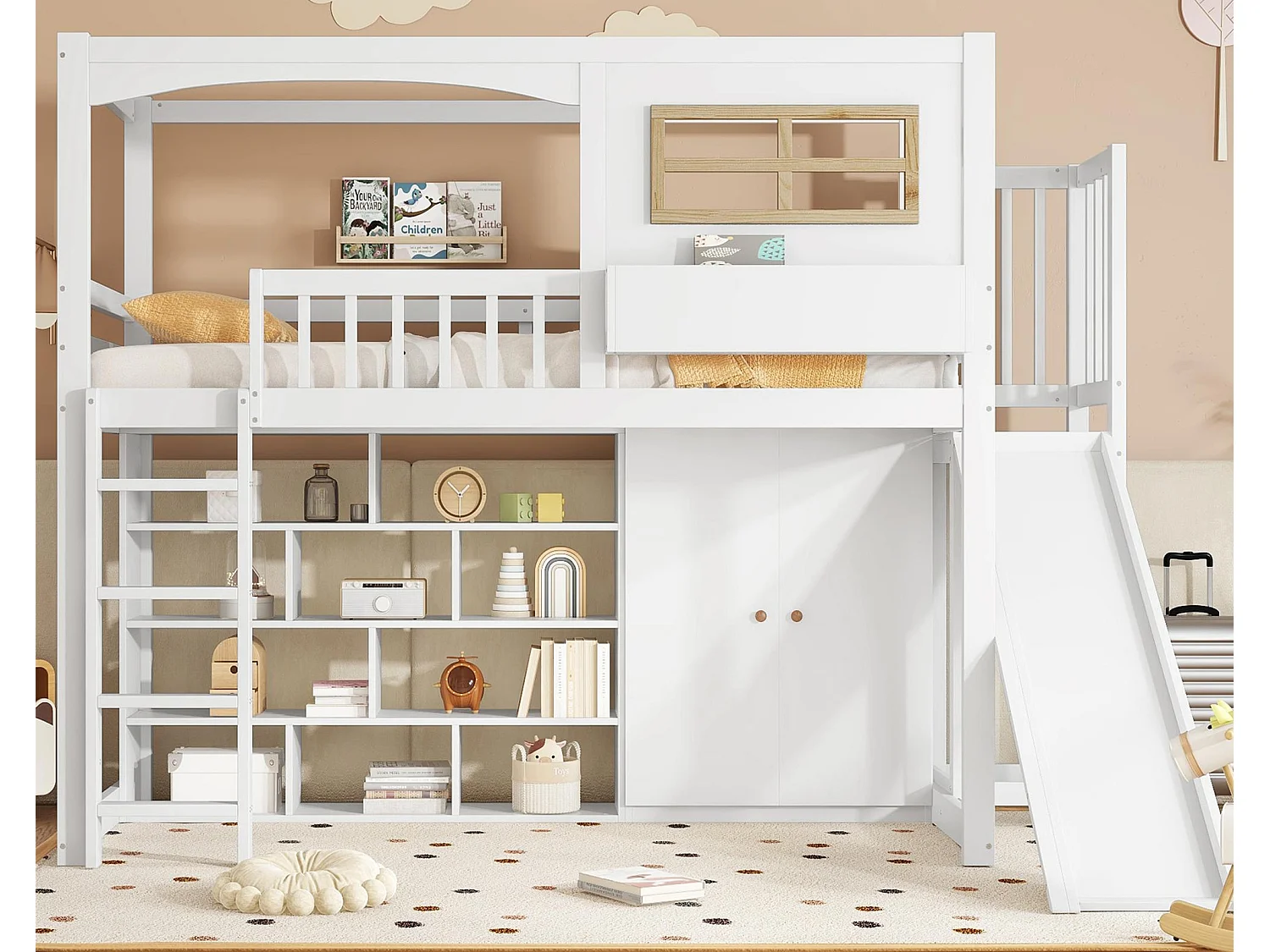 Hochbett aus Holz und MDF - 90x200 cm - mit Regalen, Kleiderschrank und Rutsche - Weiß