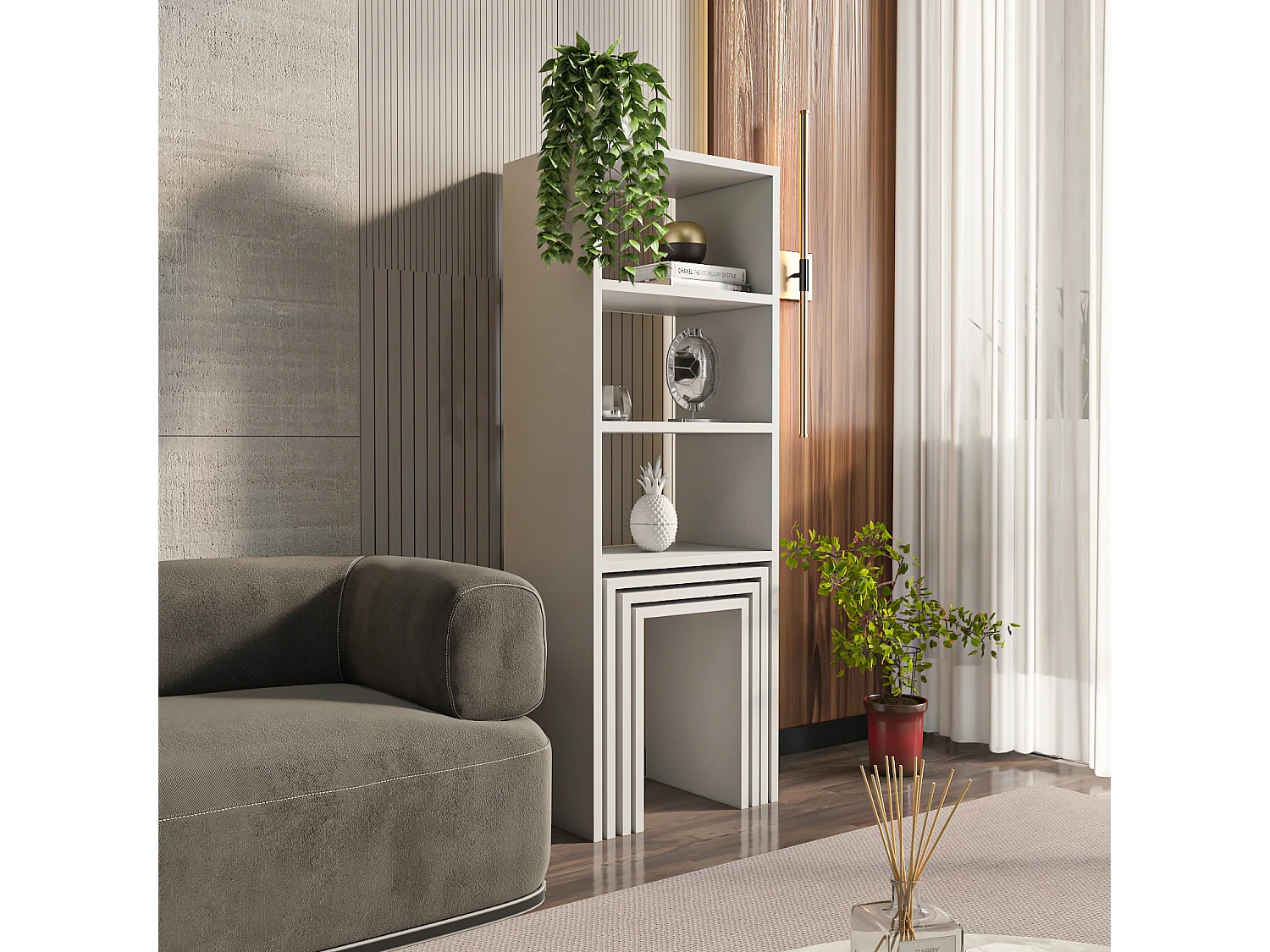 Bibliothèque Mélo à 3 étagères avec Tables Gigognes Incluses (Blanc)