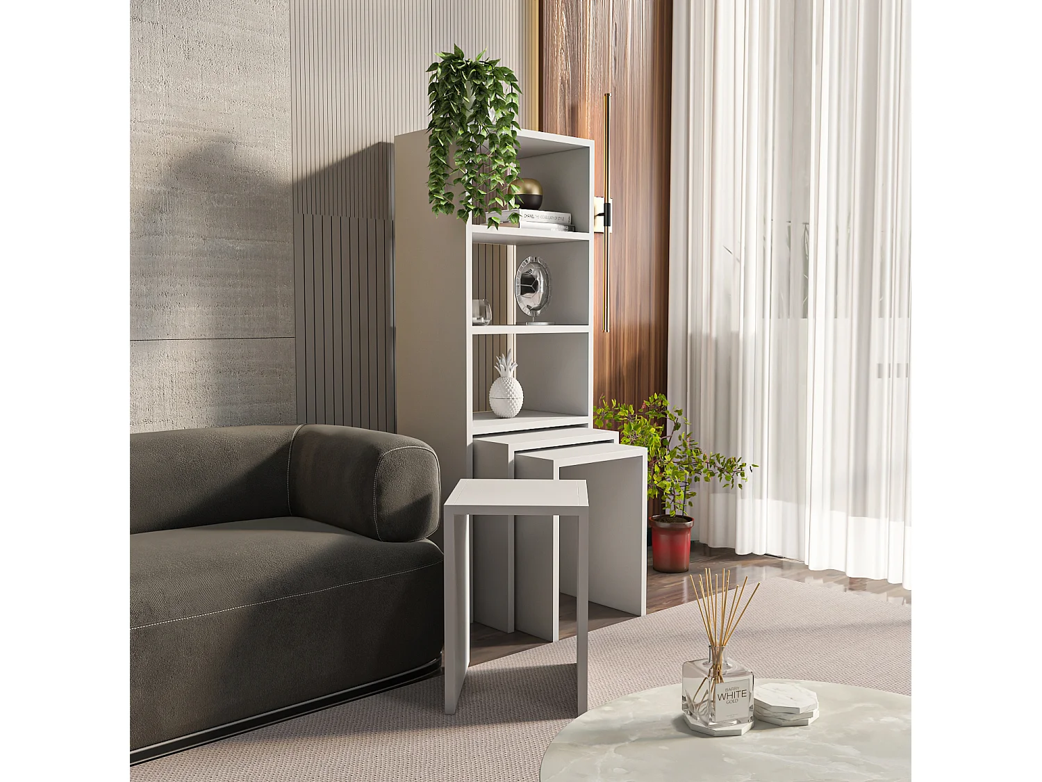 Bibliothèque Mélo à 3 étagères avec Tables Gigognes Incluses (Blanc)