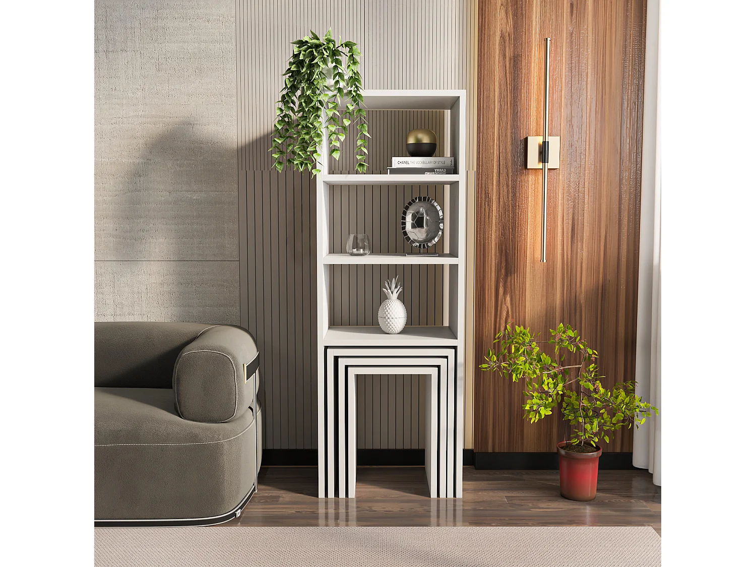 Bibliothèque Mélo à 3 étagères avec Tables Gigognes Incluses (Blanc)