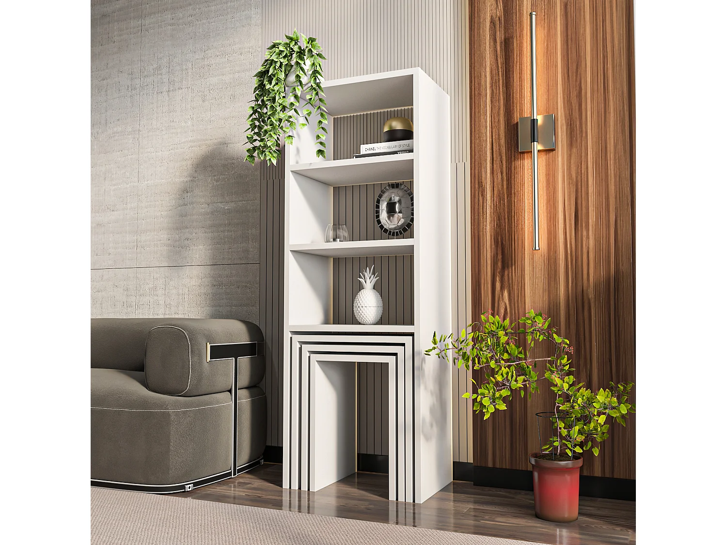 Bibliothèque Mélo à 3 étagères avec Tables Gigognes Incluses (Blanc)