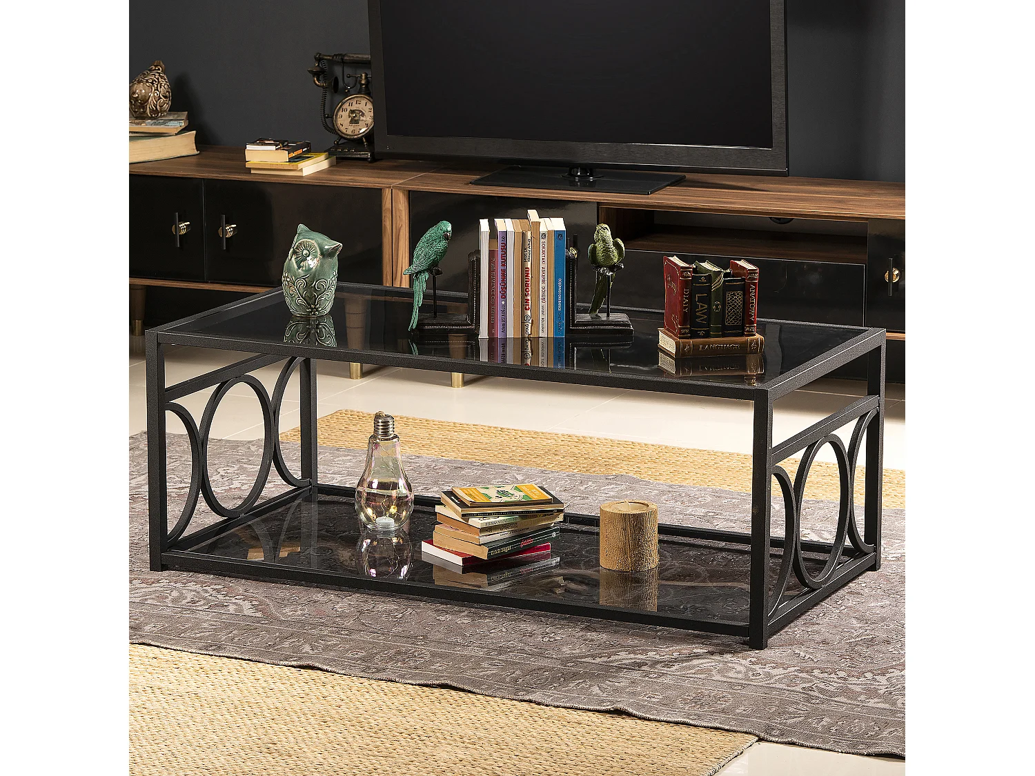 Table basse Fredericas métallique et verre tempéré (Noir)