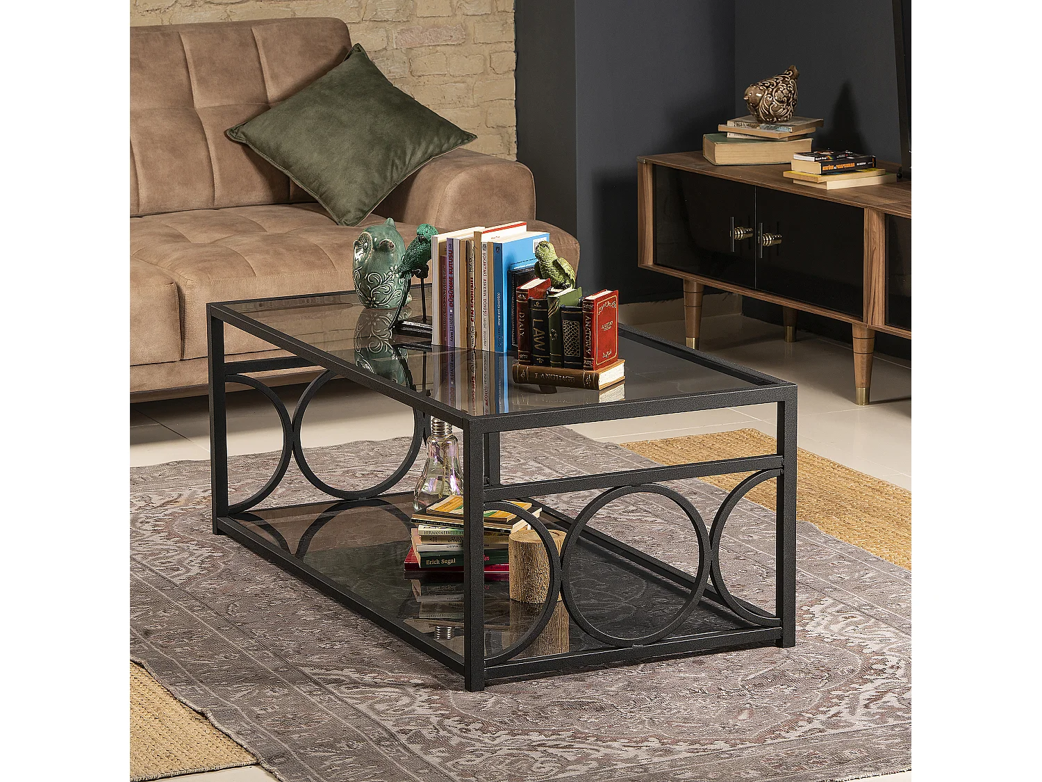 Table basse Fredericas métallique et verre tempéré (Noir)