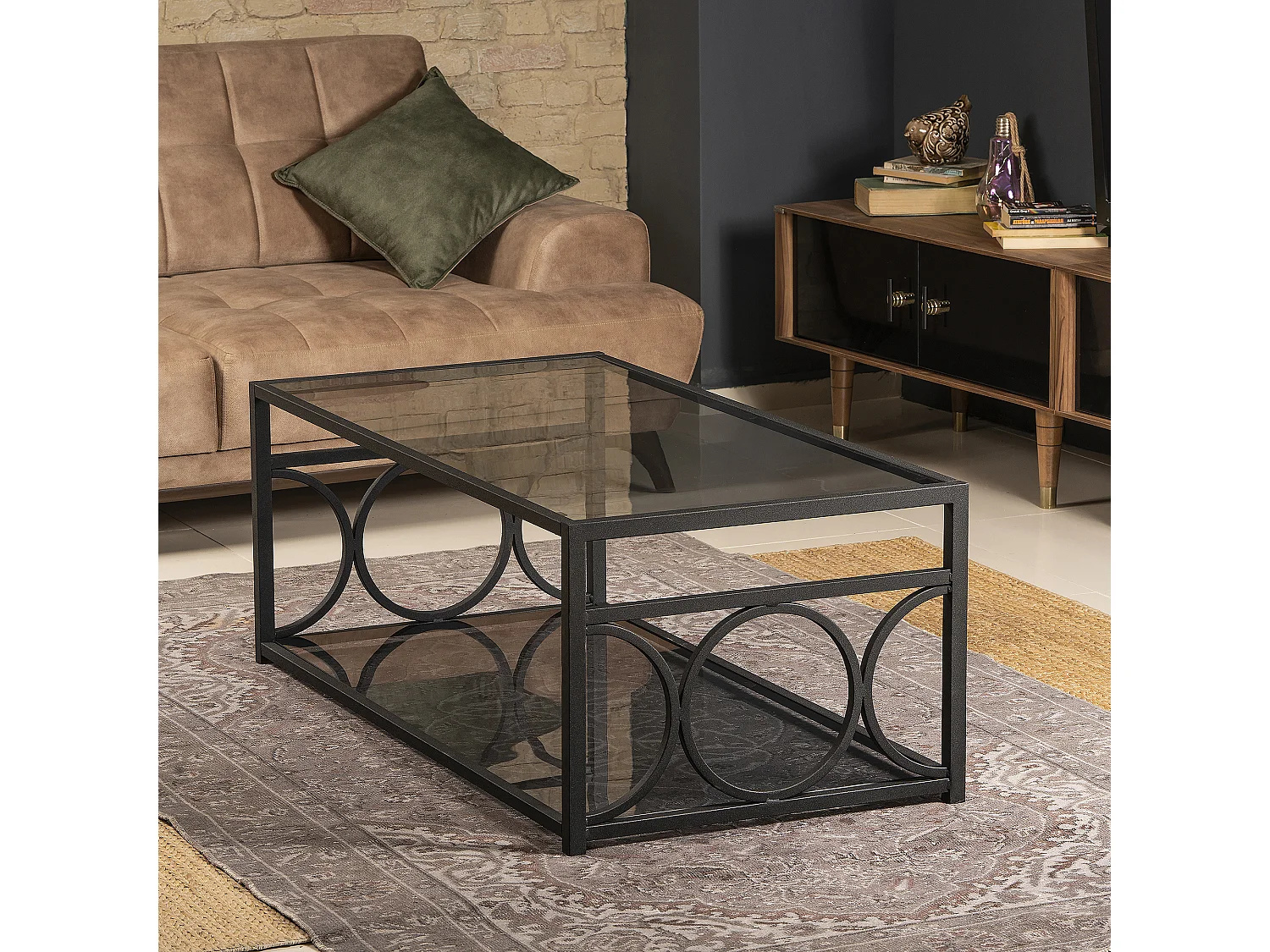 Table basse Fredericas métallique et verre tempéré (Noir)