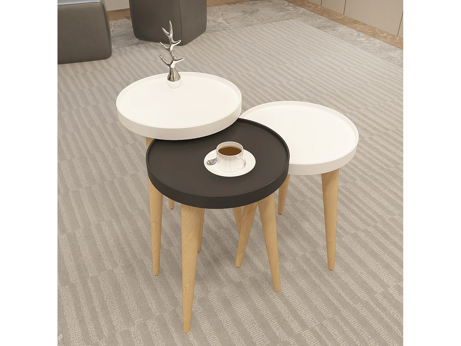 Tables gigognes, set de 3, pieds en bois, colorés (Blanc et Anthracite)