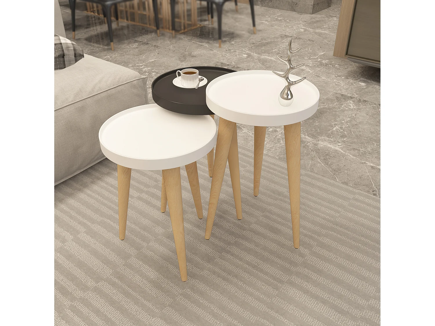 Tables gigognes, set de 3, pieds en bois, colorés (Blanc et Anthracite)